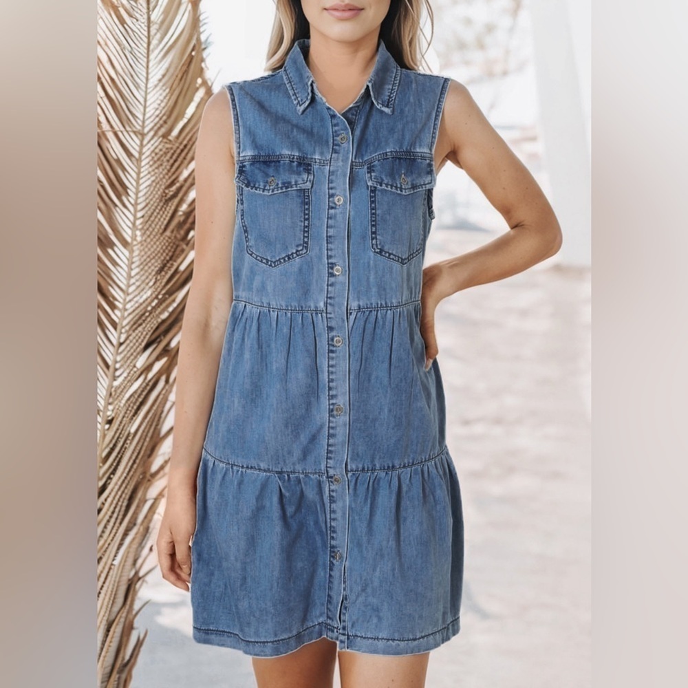Sleeveless Denim High Waist Button front Dress Tiered Skirt Boho Western Medium - Picture 8 of 13